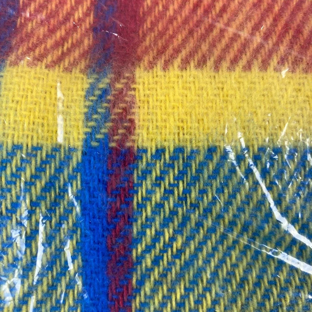 Vtg New Beacon 50x60 Blanket Throw Blue Yellow Red Plaid Virgin Acrylic USA Made